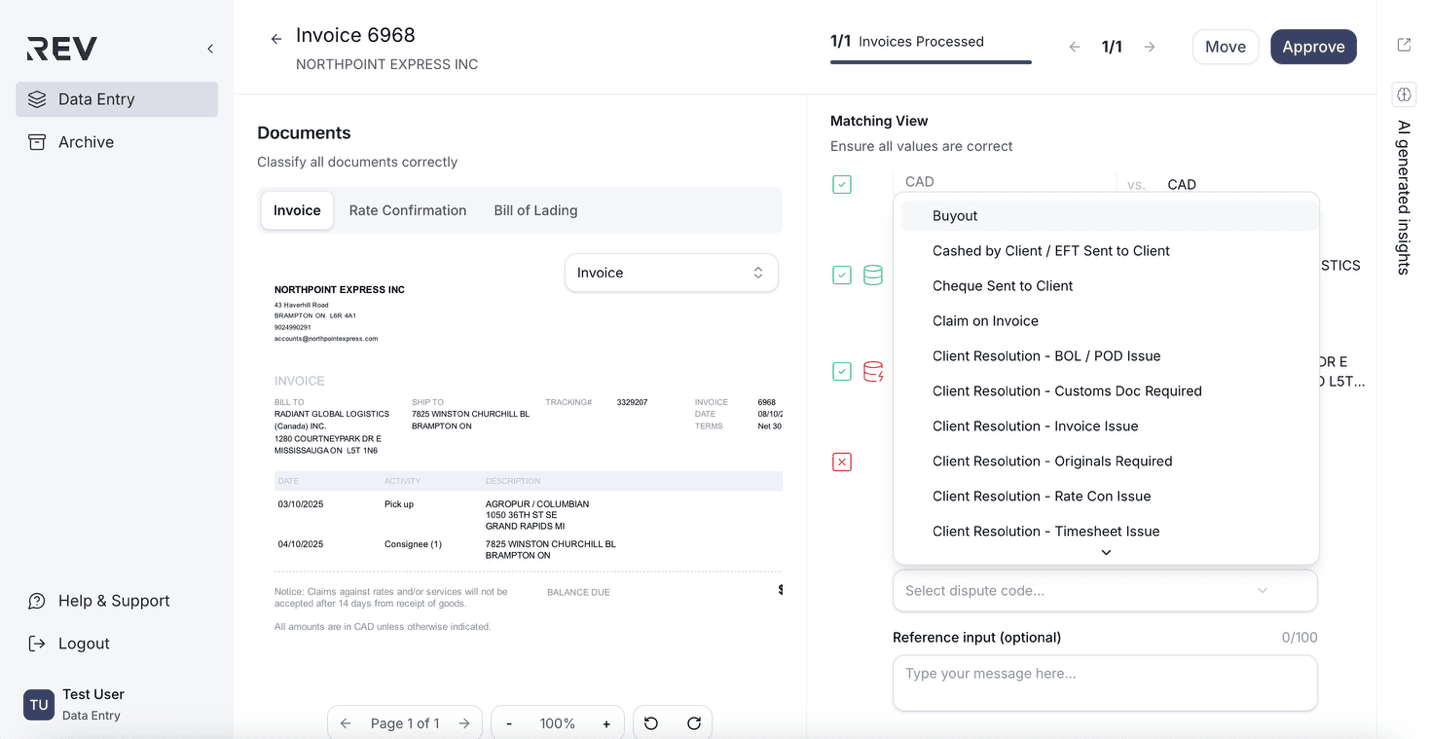 Dispute code dropdown