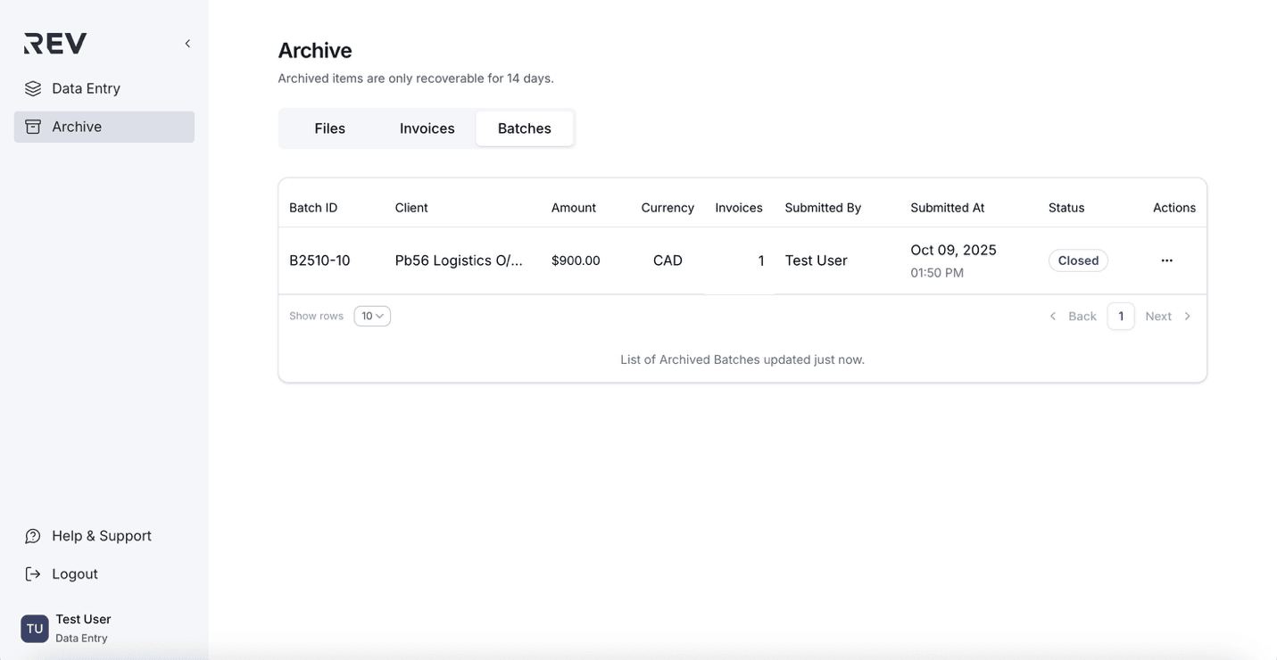 Batches tab in Archive